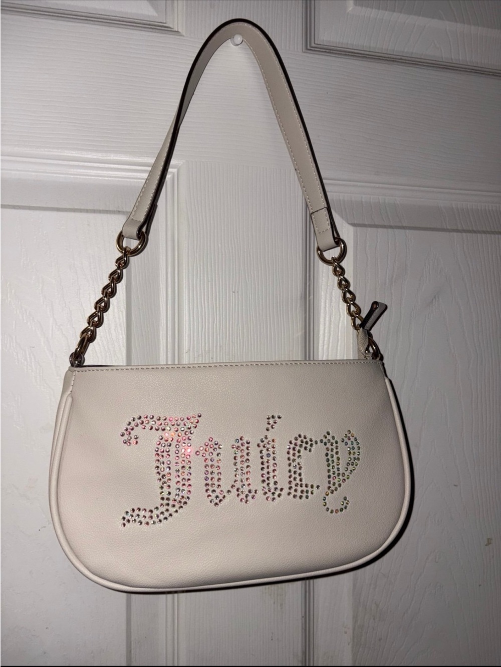 Juicy Couture Cream Rhinestone Logo Shoulder Bag